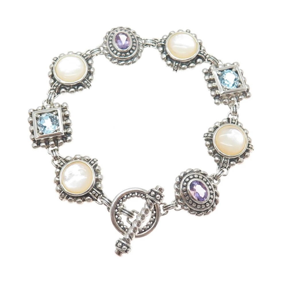 Elegant Silver Bracelet with mother-of-pearl and gemstones